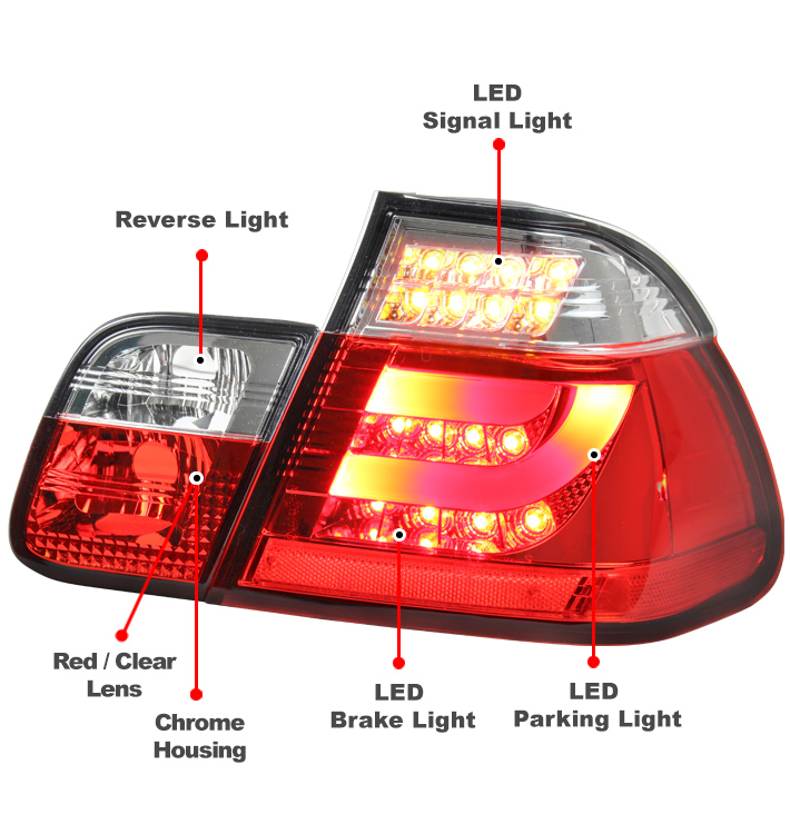 For 2002-2005 BMW 3 Series E46 Sedan 4Dr LED Tail Brake Lights Lamps - Red / Clear