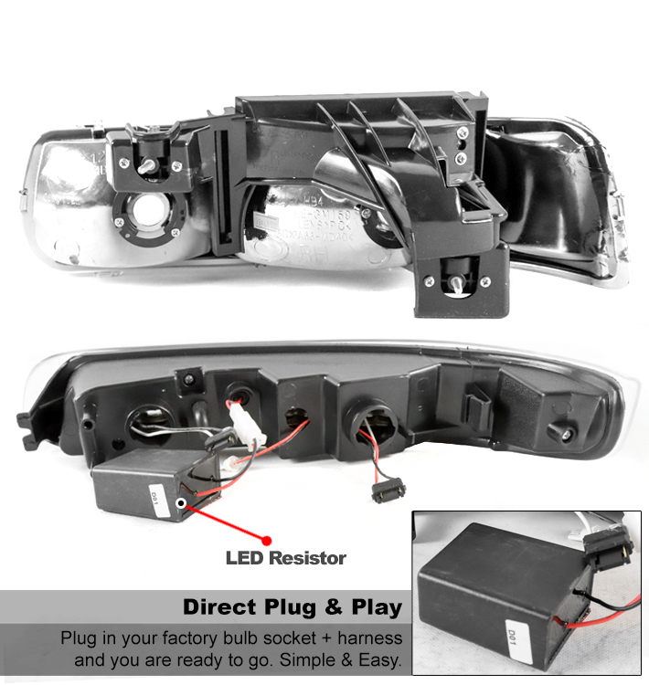 For 99-02 Chevy Silverado/00-06 Suburban Tahoe Chrome Headlights+LED