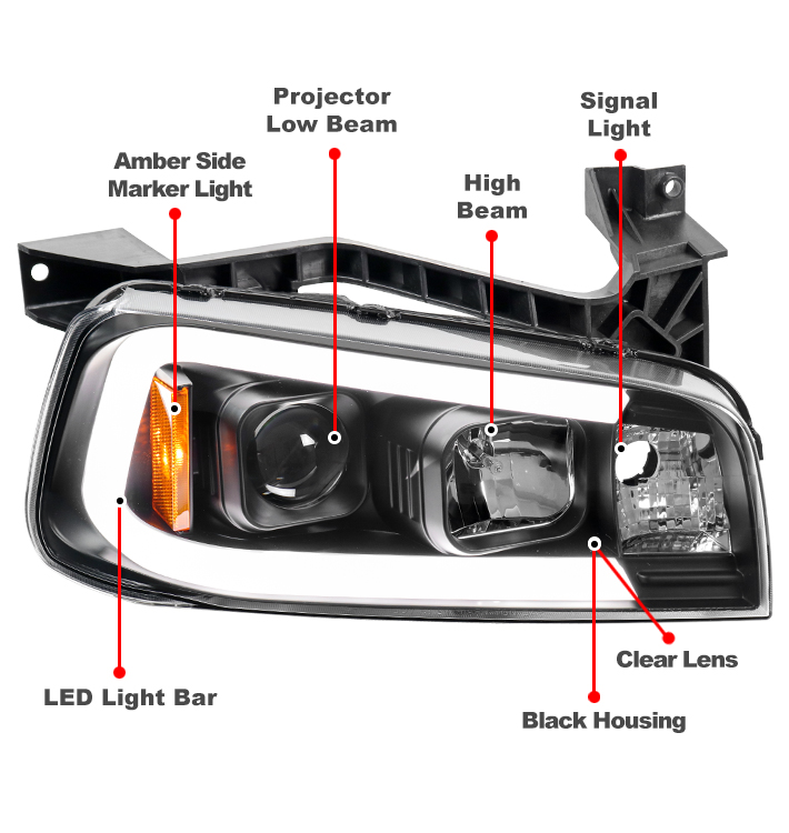 For 2006-2010 Dodge Charger LED Tube Projector Headlights Headlamps - Black