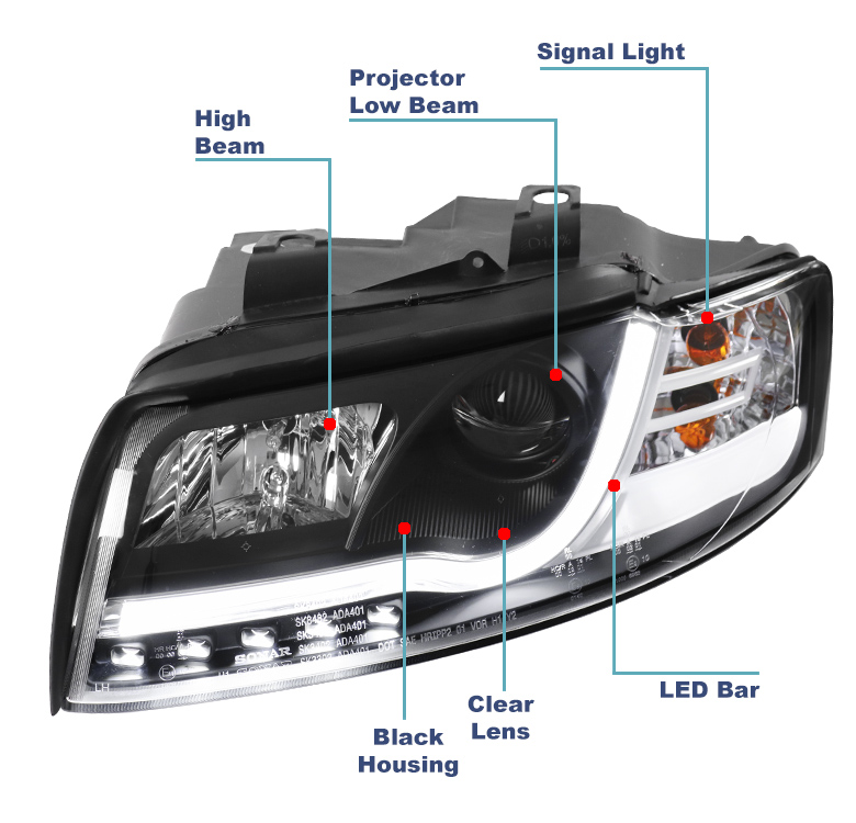 For 2002-2005 Audi A4/2004-05 S4 B6 LED Tube Projector